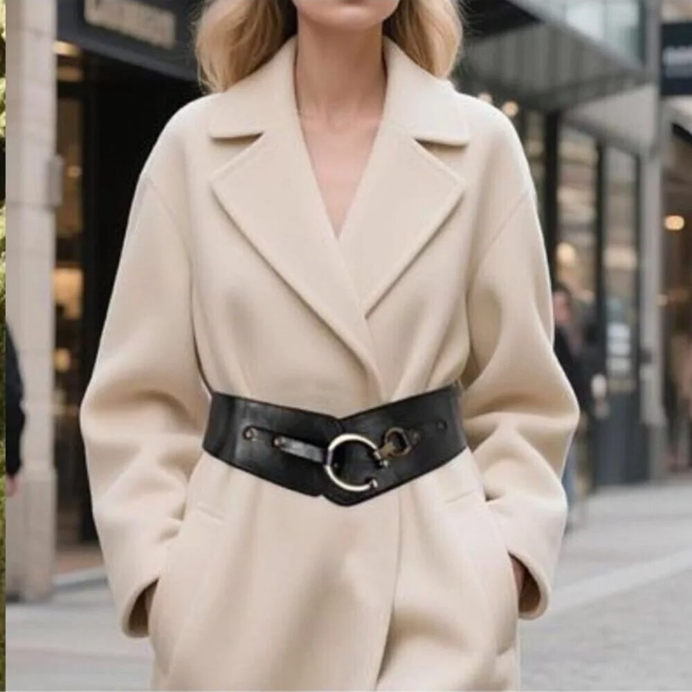 Women's Wide Elastic Waist Belt  Black Vegan Leather Stretch Interlock Buckle